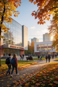 A vibrant autumn scene in a Russian city park during September, featuring a modern cinema school building with glass facade and a separate animation school structure, students walking with backpacks, colorful fallen leaves on the ground, golden hour lighting, cinematic atmosphere, wide shot showing both educational institutions and surrounding urban environment