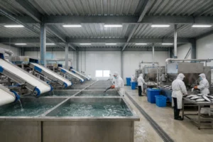 A modern fish processing factory in Nouvelle, featuring large stainless steel tanks, conveyor belts, workers in protective gear handling fish, industrial machinery, and a clear view of the facility's interior, all depicted in a realistic style