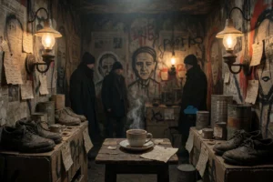 A surreal, atmospheric scene of a hidden underground museum beneath Nevsky Prospekt in St. Petersburg, dedicated to homeless people. The space is dimly lit by flickering vintage lamps, with exhibits made from repurposed cardboard, old shoes, tin cans, and handwritten notes on scraps of paper. In the center, a steaming cup of coffee sits on a small wooden table, surrounded by shadowy figures observing silently. The walls are covered in faded newspaper clippings and graffiti-style sketches of face