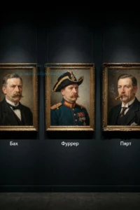 A gallery wall displaying three framed portraits side by side: a stern portrait of a man with a mustache labeled 'Бах', a portrait of a man in a military uniform with a distinctive hat labeled 'Фуррер', and a portrait of a man in a suit with a cigar labeled 'Пярт'. The gallery has a dark background with spotlights highlighting each portrait.