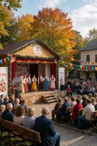 A vibrant cultural quarter in Brusnytsia on October 4th, featuring a lively outdoor theatrical performance of the play 'Scam' with actors in period costumes on a decorated stage, an engaged audience seated on benches and steps, colorful autumn trees in the background, festive decorations, and a clear autumn sky