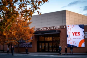 A modern theater building with a prominent sign reading 'Театр им. Которого' in elegant Cyrillic typography, surrounded by autumn trees and soft evening lighting, with a subtle festival banners with the word 'YES' and abstract geometric patterns in the background, suggesting partnership with the 'Которого' festival in St. Petersburg, no visible text on banners beyond 'YES', people in casual attire walking nearby, cinematic atmosphere, high detail