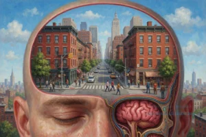 A surreal illustration of a human head with a detailed cityscape inside, showing streets, buildings, and people, with a brain-like interior, rendered in a realistic, high-resolution style