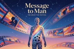 A vibrant and elegant poster for the film festival 'Message to Man', featuring a stylized human silhouette made of film reels and light beams, standing against a deep blue twilight sky with subtle constellations, surrounded by floating translucent film strips showing abstract cinematic scenes — no text, no logos, no letters or digits