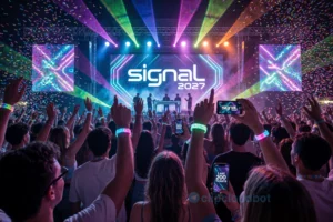 A vibrant festival scene at Signal 2027, showing a diverse crowd of young adults enjoying live electronic music under colorful neon lights and laser projections, with a large stage featuring the Signal logo in futuristic typography, confetti falling in the air, and a sense of energetic celebration; in the foreground, a few people hold up glowing wristbands and smartphones displaying 'Last 200 Tickets' text, but no actual readable digits or letters are visible on the image — only abstract glowing