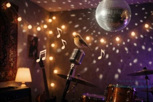 A small, whimsical bird perched on a vintage microphone in a dimly lit, intimate music room with soft glowing string lights, abstract musical notes floating in the air, a retro disco ball casting shimmering light patterns on the walls, and a cozy atmosphere suggesting a live underground performance — style inspired by Finnish indie music culture, warm amber and deep purple tones, no text or logos
