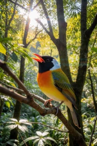 A vibrant bird with a bright beak, perched on a branch in a lush forest setting, with sunlight filtering through the trees, capturing the moment it chirps, symbolizing the start of autumn and the festive atmosphere of the Bird Personality festival