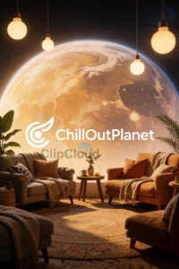 A friendly, welcoming scene featuring a cozy planet with a warm atmosphere, showing a comfortable space with inviting lights, comfortable seating areas, and a calm, relaxed environment for subscribers, with a subtle 'ChillOutPlanet' logo or text integrated naturally into the scene