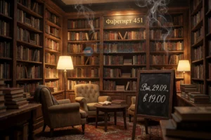 A cozy, dimly lit bookstore named 'Fahrenheit 451' with warm wooden shelves filled with books, a small reading nook with armchairs and a floor lamp, a chalkboard sign displaying 'Вт, 29.09., в 19.00' in elegant Cyrillic script, soft golden lighting, subtle smoke-like wisps curling near the ceiling as a metaphor for the novel's theme, no visible text on book spines, no digital screens or modern electronics, peaceful and intellectual atmosphere