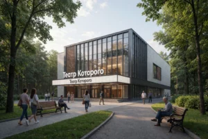 A modern theater building named 'Театр Которого' located in Zanyevsky Park, surrounded by green trees and walking paths, with a contemporary architectural design featuring glass and steel elements, a marquee displaying the theater's name in Cyrillic, people strolling nearby, benches, and soft daylight