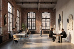 A modern industrial design space blending the historic Alexandrovskaya Manufaktura architecture with contemporary Design District DAA aesthetics, featuring exposed brick walls, large windows, minimalist furniture, artistic installations, and creative professionals collaborating in a bright, open loft environment, urban loft style with warm natural lighting