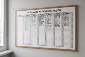 A clean, modern weekly schedule board in Russian, titled 'ATC Некрасова: РАСПИСАНИЕ НА НЕДЕЛЮ', displayed on a light gray wall with a minimalist wooden frame. The schedule shows seven columns for Monday through Sunday, each with time slots from 8:00 to 20:00, filled with neatly handwritten Cyrillic text indicating classes, lectures, and activities (e.g., 'Математика 9:00-10:30', 'Физкультура 14:00-15:30'). Soft natural light falls from a window on the left, casting gentle shadows. No people, no