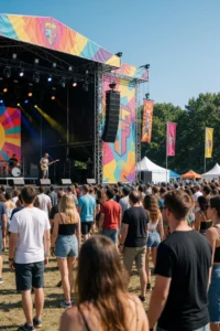 A vibrant open-air music festival scene with diverse crowd enjoying live performances on a large stage under a clear blue sky, colorful banners and flags, trees in the background, and a relaxed summer atmosphere