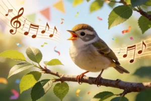 A small, cheerful bird perched on a branch, chirping joyfully, with musical notes floating in the air around it, soft sunlight filtering through green leaves, a festive atmosphere with subtle banners and confetti in the background, suggesting a celebration named 'Festival Sisto' — whimsical, warm, and uplifting, no text or letters visible