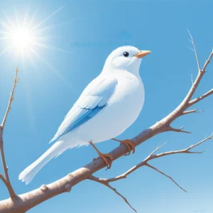 A small white bird perched on a branch with a bright blue sky background, subtle sunlight highlighting its feathers