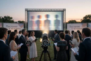 A cinematic scene of a film festival titled 'Послание к человеку' (Message to Man), showing an elegant outdoor screening under twilight sky with a large vintage projector casting light onto a white screen displaying abstract human silhouettes, surrounded by diverse international attendees in semi-formal attire holding film reels and programs, with subtle Cyrillic banners in the background reading 'Послание к человеку' and soft golden hour lighting, no text or letters visible on the image