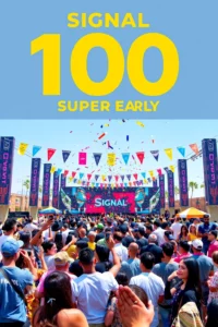 A vibrant festival scene celebrating Signal's 100 latest Super Early releases, featuring a diverse crowd of people joyfully gathered in an outdoor setting with colorful banners, digital displays showing 'Signal' branding, confetti falling, and modern tech-themed decorations, all under a bright sunny sky