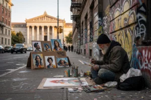 A poignant scene of a homeless artist painting on a city sidewalk, surrounded by urban decay and graffiti, with a small makeshift gallery of their artwork displayed on cardboard boxes nearby; in the background, a distant museum facade contrasts with the gritty street, symbolizing the tension between institutional art and street expression; soft golden hour light, emotional depth, realistic details of worn clothing, paint-smeared hands, and scattered art supplies