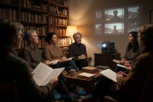 A cinematic scene of a film reading session: a group of diverse people sitting in a cozy, dimly lit room with bookshelves, soft lamplight, and a vintage projector casting faint film frames on the wall. One person holds an open script, others listen attentively, with subtle motion blur suggesting quiet discussion. The atmosphere is intellectual, warm, and contemplative — evoking the spirit of 'Порядок слов' (Word Order) as a film reading No. 5.