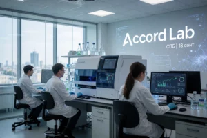 A modern laboratory interior with scientists in white coats working at high-tech equipment, digital screens displaying data, glass walls showing a city skyline, subtle branding elements with 'Accord Lab' and Cyrillic text 'СПБ | 18 сент' integrated into the environment as holographic displays or wall panels, professional and scientific atmosphere