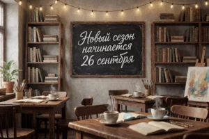 A cozy art café interior with wooden tables, shelves filled with books, steaming coffee cups, and soft warm lighting, and a chalkboard sign reading 'Новый сезон начинается 26 сентября' in elegant Cyrillic script, surrounded by subtle artistic details like paintbrushes, open notebooks, and hanging string lights — inviting and intellectual atmosphere