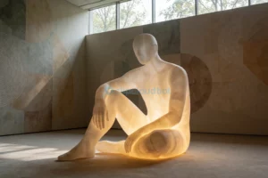 A modern art installation in a minimalist gallery space: a large, softly glowing translucent sculpture shaped like a human figure in a relaxed, seated pose, emitting a warm golden light from within, surrounded by subtle abstract geometric patterns on the walls in muted earth tones, with natural daylight filtering through high windows, creating gentle shadows and a serene, contemplative atmosphere — no text, no logos, no people visible
