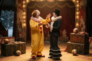 A whimsical circus scene inside Uppsala Circus, featuring the legendary Russian clown Slava Polunin in his iconic yellow costume and white face paint, interacting playfully with a Spanish clown in traditional flamenco-inspired attire with ruffled collar and polka-dot suit, both sharing a moment of silent comedy under warm golden stage lights, surrounded by vintage circus props like antique trunks, juggling balls, and faded red velvet curtains, with a hint of Swedish winter visible through a fros