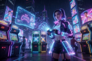 A futuristic gaming scene featuring a female character named Beata, wearing a glowing cyberpunk-inspired outfit with neon blue and purple accents, holding a holographic game controller, standing in a high-tech arcade filled with floating digital interfaces, neon-lit game cabinets, and dynamic particle effects. The background shows a cityscape at night with towering skyscrapers covered in animated advertisements and electric rain. The atmosphere is energetic and immersive, blending virtual realit