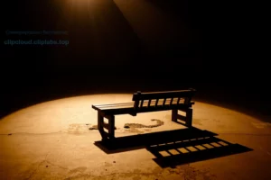 A theatrical scene from the play 'Скамейка' (The Bench) performed at the 'Флигель' theater, showing a solitary wooden bench under soft stage lighting, with subtle shadows suggesting an empty space around it, evoking introspection and quiet emotion; the atmosphere is contemplative and minimalist, with muted earth tones and a hint of warm amber glow from above, no actors visible, only the bench as the central symbol