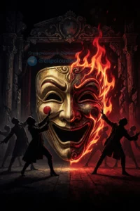 A dramatic, high-contrast illustration of a theatrical stage set in a dark, ominous environment. The central focus is a large, ornate theater mask (comedy/tragedy style) split in half, with one side glowing with golden light and the other side engulfed in deep red flames. Behind it, shadowy silhouettes of actors in period costumes are frozen mid-performance, their poses conveying tension and struggle. The background features a crumbling, gothic-style theater facade with broken columns and swirli