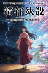 A Japanese anime-style theater program poster for 'Between Worlds' (Japanese title: 'Between Worlds') featuring a dramatic stage scene with a female protagonist in traditional kimono standing between two contrasting worlds - one side showing a dark, stormy night sky with silhouetted mountains, the other side showing a bright, ethereal daytime landscape with cherry blossoms and a distant pagoda. The title 'Кино&Театр Англетер: «Между мирами» — программа японской ан' is displayed prominently at th