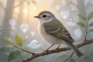 A serene and symbolic illustration of a bird with human-like eyes, perched gently on a branch in a soft, misty forest at dawn, surrounded by floating translucent therapy symbols like hearts, waves, and gentle spirals, conveying emotional healing and inner peace, warm golden light filtering through leaves, delicate feathers detailed with subtle textures, no text or letters visible