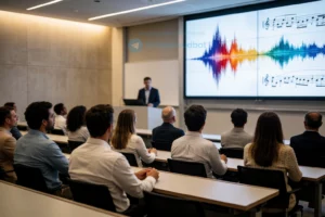 A modern lecture hall with a diverse group of attentive adults seated in rows, facing a speaker at a podium, with a large screen displaying abstract sound wave visualizations and musical notation, soft ambient lighting, and a professional academic atmosphere
