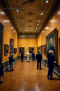 A historical art gallery interior with classical paintings on walls, featuring portraits of Russian artists Konstantin Korovin and Valentin Serov in elegant 19th-century attire, warm ambient lighting, ornate wooden frames, museum setting with visitors observing art, subtle vintage texture