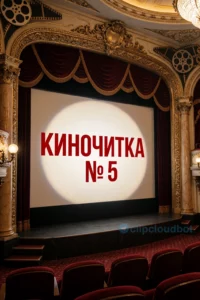 A cinematic theater interior with a vintage projector screen displaying the title 'КИНОЧИТКА № 5' in bold red letters, surrounded by ornate golden frames and velvet curtains, soft spotlight on the screen, warm ambient lighting, detailed architectural elements like marble columns and decorative moldings, film reel motifs subtly integrated into the background