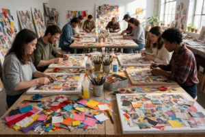 A bright, open workshop filled with creative energy, featuring multiple worktables covered in colorful paper scraps, fabric pieces, magazine cutouts, glue bottles, scissors, and paintbrushes. People of diverse ages and backgrounds are collaboratively assembling collages on large boards and canvases — some cutting, others arranging, others laughing as they share ideas. Sunlight streams through large windows, casting soft shadows and highlighting textures of layered materials. In the background, s