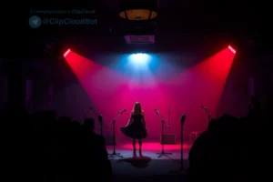 A moody nightclub interior with dim red and purple lighting, a central stage with a lone female singer named Layla performing under a single spotlight, surrounded by abstract shadowy silhouettes of an audience, vintage microphones, and subtle nautical elements like rope textures and faint mast-like structures in the background, evoking the name 'Мачты' (Masts), dark atmospheric tone, cinematic depth, no text or logos