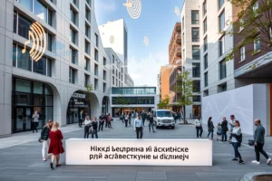 A modern design district with sleek architectural buildings, open-air lecture spaces, and people gathering for an acoustics-themed lecture series; subtle sound wave visualizations floating in the air, minimalist signage in Cyrillic reading 'Цикл лекций об акустике в дизайне', soft natural lighting, urban yet artistic atmosphere