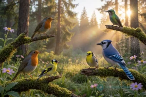 A serene forest clearing at golden hour with a variety of birds perched on moss-covered branches and wildflowers — including a robin, blue jay, goldfinch, and hummingbird — each displaying distinct personalities through posture and expression: one curious, one bold, one shy, one playful. Soft sunlight filters through tall trees, casting gentle rays and lens flares. Dew glistens on spiderwebs and leaves. No text, no signs, no human elements, no cages, no artificial objects.