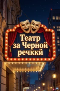 A vibrant theater marquee sign displaying 'Театр за Черной речкой' with theatrical masks and stage curtains, set against a night cityscape with illuminated windows and street lamps, cinematic lighting, detailed illustration