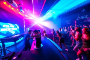 A dynamic club scene featuring a DJ at a modern stage with neon lights and a crowd of diverse people dancing. In the background, a sleek sports car is partially visible, hinting at a 'hit & run' vibe. The atmosphere is energetic and futuristic, with colorful lighting and a sense of motion.