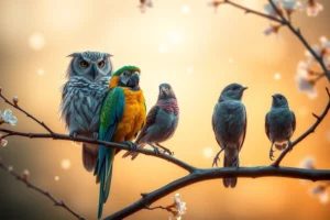 A serene and uplifting scene of a diverse group of birds — including a wise old owl, a vibrant parrot, a gentle dove, and a curious sparrow — perched together on a blooming tree branch in soft golden hour light, symbolizing emotional healing and personal growth through avian companionship, with subtle wisps of calming energy (like light blue and lavender mist) emanating from their presence, evoking the concept of 'Bird Personality: Therapy @ Bird Personality' as a metaphor for inner peace and se