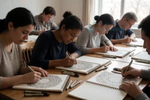 A peaceful indoor art workshop with several people of diverse ages and backgrounds sitting at wooden tables, drawing intricate zentangle patterns in sketchbooks using fine black pens; soft natural light from a nearby window illuminates the scene, showing focused expressions, scattered pens, open sketchbooks with detailed repetitive patterns, and calming atmosphere; no text, no signs, no digital devices, no clutter