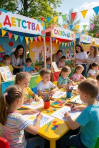 A vibrant outdoor festival scene celebrating childhood, featuring children joyfully participating in creative activities like drawing, storytelling, and crafting at colorful booths under bright spring sunlight, with families and adults smiling in the background, banners displaying 'ДЕТСТВА' and 'СЛОВО и ДЕЛО', festive decorations, and a cheerful atmosphere