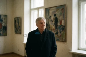 A portrait of Russian filmmaker Alexander Sokurov standing in an art gallery setting, wearing a dark coat, thoughtful expression, soft natural light from large windows, surrounded by abstract paintings on neutral walls, shallow depth of field, cinematic atmosphere