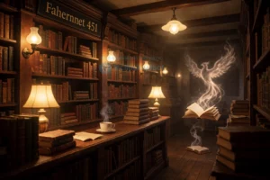 A cozy, dimly lit bookstore named 'Fahrenheit 451' with warm wooden shelves filled with old books, soft golden lighting from vintage lamps, a small counter with a steaming cup of tea, and a subtle hint of rebellion — a single open book with pages slightly glowing, as if resisting censorship. In the background, a faint silhouette of a phoenix made of smoke rises from a discarded book, symbolizing rebirth of knowledge. No text, no letters, no digits visible anywhere in the image.