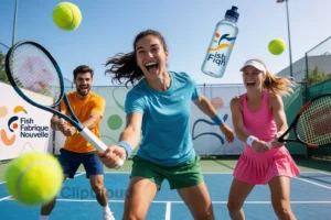 A vibrant, energetic scene of three tennis players mid-action on a sunny outdoor court, wearing colorful sportswear, with tennis balls flying, rackets in motion, and a dynamic sense of movement and fun. The background shows a modern sports facility with subtle branding hinting at 'Fish Fabrique Nouvelle' in a minimalist, abstract way — perhaps as a logo on a banner or water bottle — without any readable text. The atmosphere is lively, athletic, and joyful, capturing the spirit of three days of t