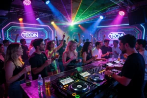 A vibrant techno club scene with a diverse group of people dancing to electronic music. The club is filled with colorful lights, laser beams, and a large DJ booth with a DJ mixing tracks. The atmosphere is energetic and lively, with people enjoying the music and socializing. The background features futuristic decor and neon signs.