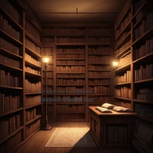 A quiet, dimly lit bookstore interior with tall wooden shelves packed with old books, a single warm lamp casting soft light on a central reading table, and a faint glow of firelight in the background suggesting a dystopian atmosphere, with a subtle hint of political tension through a closed door marked with a government symbol, rendered in a detailed illustration style