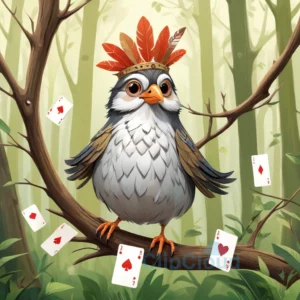 A stylized illustration of a bird with a human-like personality, wearing a deck of playing cards featuring Jacks as feathers or accessories, perched on a branch in a whimsical forest setting, with soft natural lighting and expressive eyes conveying curiosity and charm